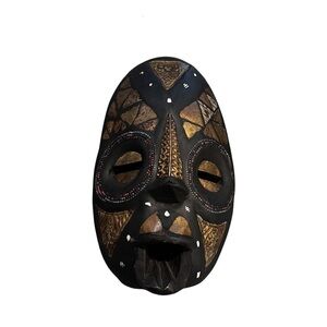 Vtg Ghana Kenyan African Beaded Brass Wood Carved Tribal Face Mask Wall Decor